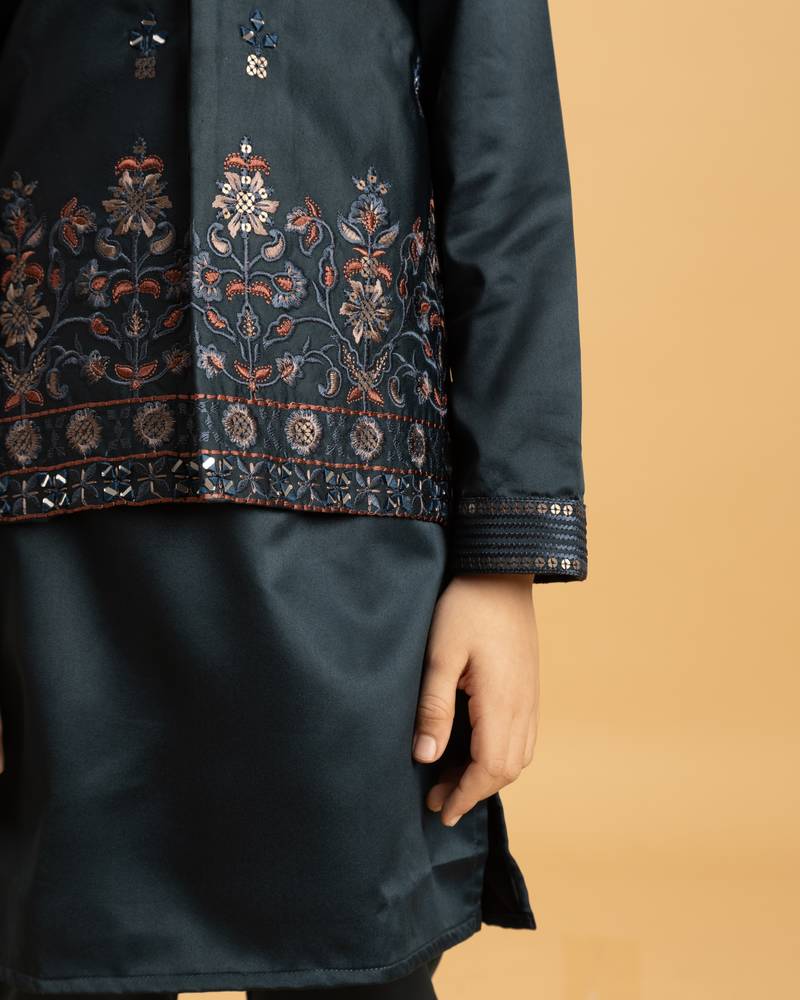 dark green satin boys kurta pajama set with thread embroidered jacket