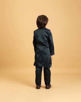 dark green satin boys kurta pajama set with thread embroidered jacket 4