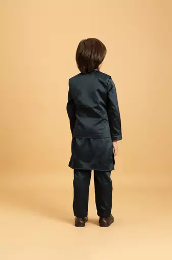 dark green satin boys kurta pajama set with thread embroidered jacket