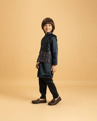 dark green satin boys kurta pajama set with thread embroidered jacket 5