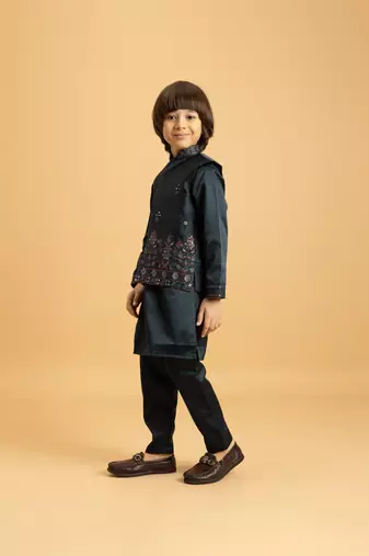 dark green satin boys kurta pajama set with thread embroidered jacket