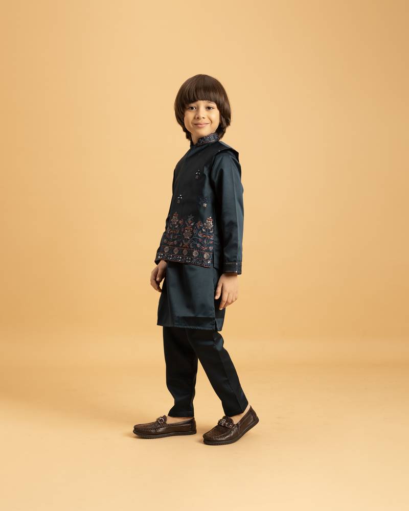 dark green satin boys kurta pajama set with thread embroidered jacket