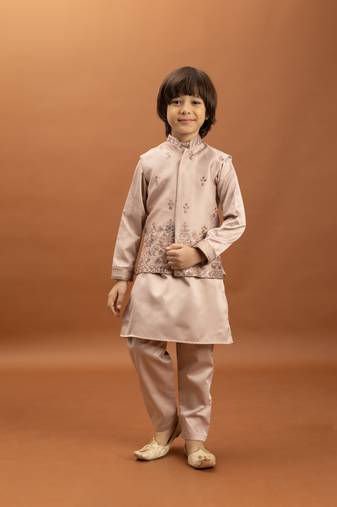peach satin boys kurta pajama set with thread embroidered jacket