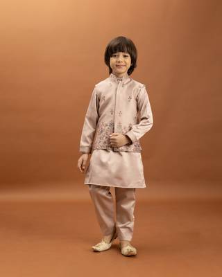 peach satin boys kurta pajama set with thread embroidered jacket 1