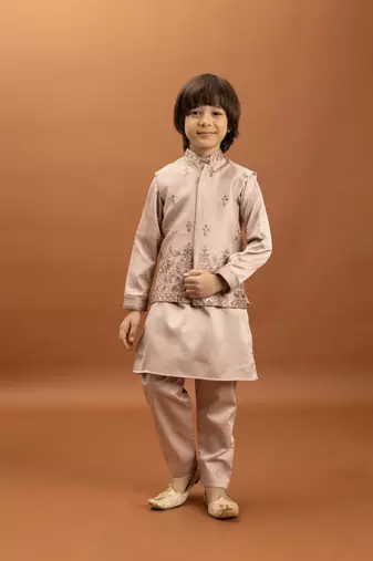 Peach satin thead with sequins embroidered work wedding function festival party boys straight kurta pant koti
