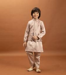 peach satin boys kurta pajama set with thread embroidered jacket