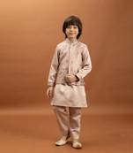 peach satin boys kurta pajama set with thread embroidered jacket