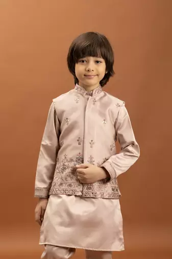 peach satin boys kurta pajama set with thread embroidered jacket