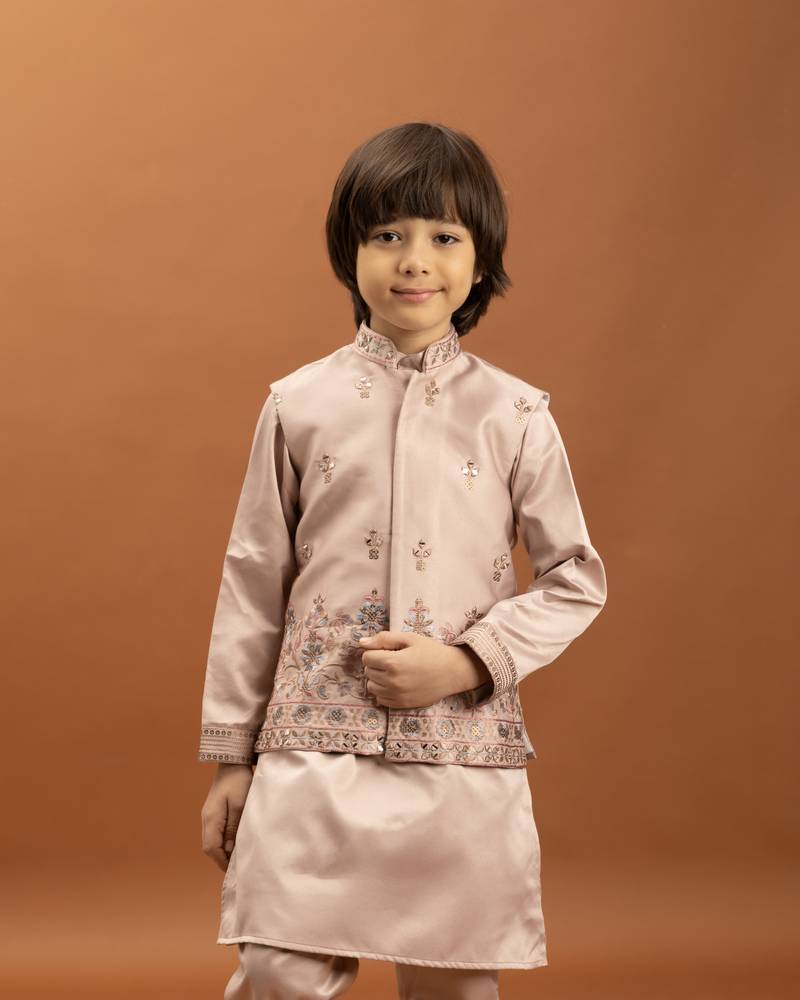 peach satin boys kurta pajama set with thread embroidered jacket