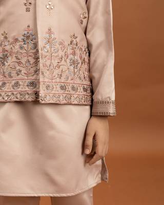 peach satin boys kurta pajama set with thread embroidered jacket 3
