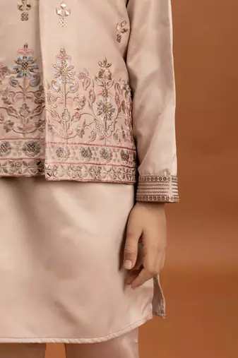 peach satin boys kurta pajama set with thread embroidered jacket