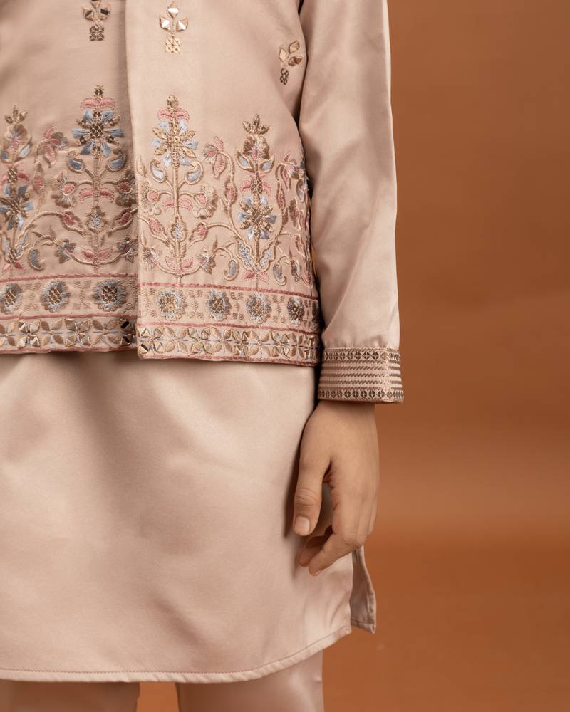 peach satin boys kurta pajama set with thread embroidered jacket
