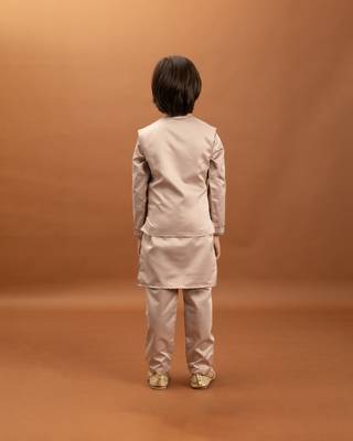 peach satin boys kurta pajama set with thread embroidered jacket 4