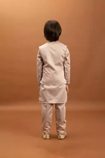 peach satin boys kurta pajama set with thread embroidered jacket