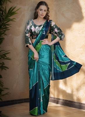 green crepe digital rtw saree with pocket and stitched blouse 1