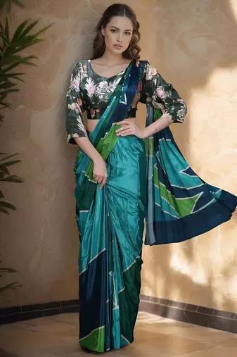 Green premium crepe digital rtw saree with pocket and stitched blouse