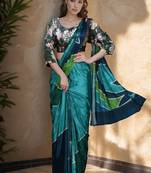 Green  crepe digital rtw saree with pocket and stitched blouse