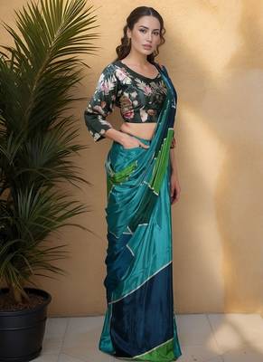 green crepe digital rtw saree with pocket and stitched blouse 2