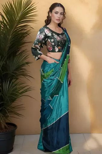 green crepe digital rtw saree with pocket and stitched blouse