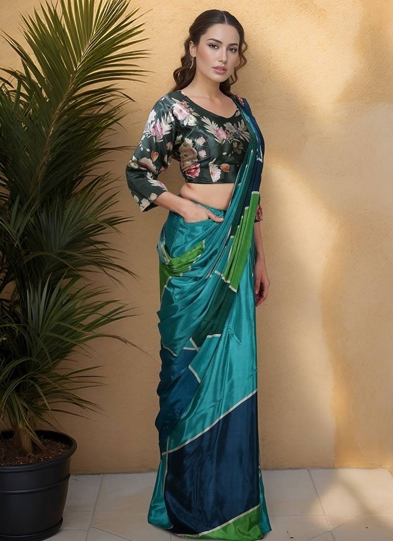 Green  crepe digital rtw saree with pocket and stitched blouse