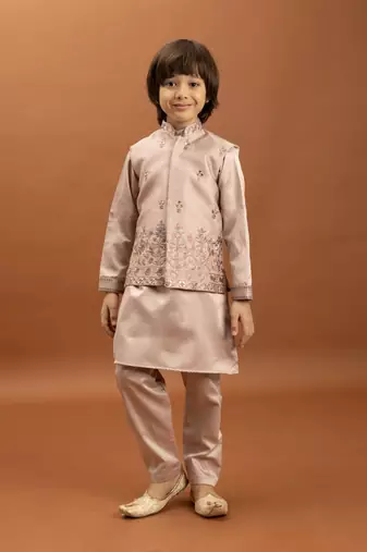 peach satin boys kurta pajama set with thread embroidered jacket