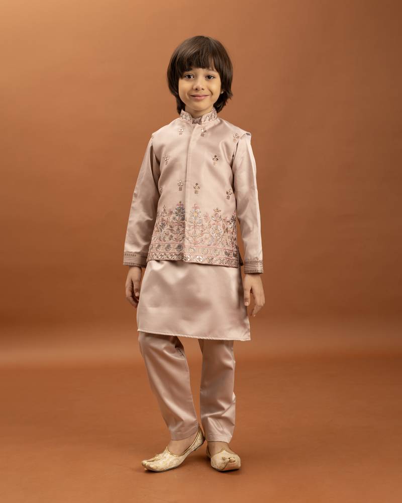 peach satin boys kurta pajama set with thread embroidered jacket