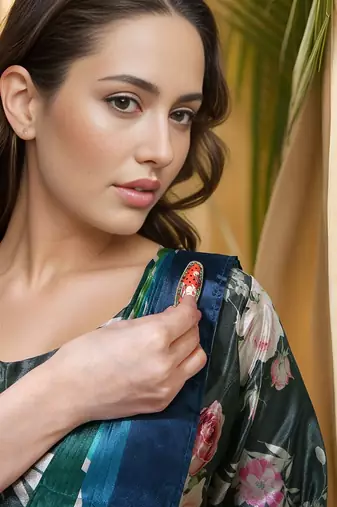 green crepe digital rtw saree with pocket and stitched blouse