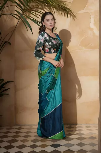 green crepe digital rtw saree with pocket and stitched blouse