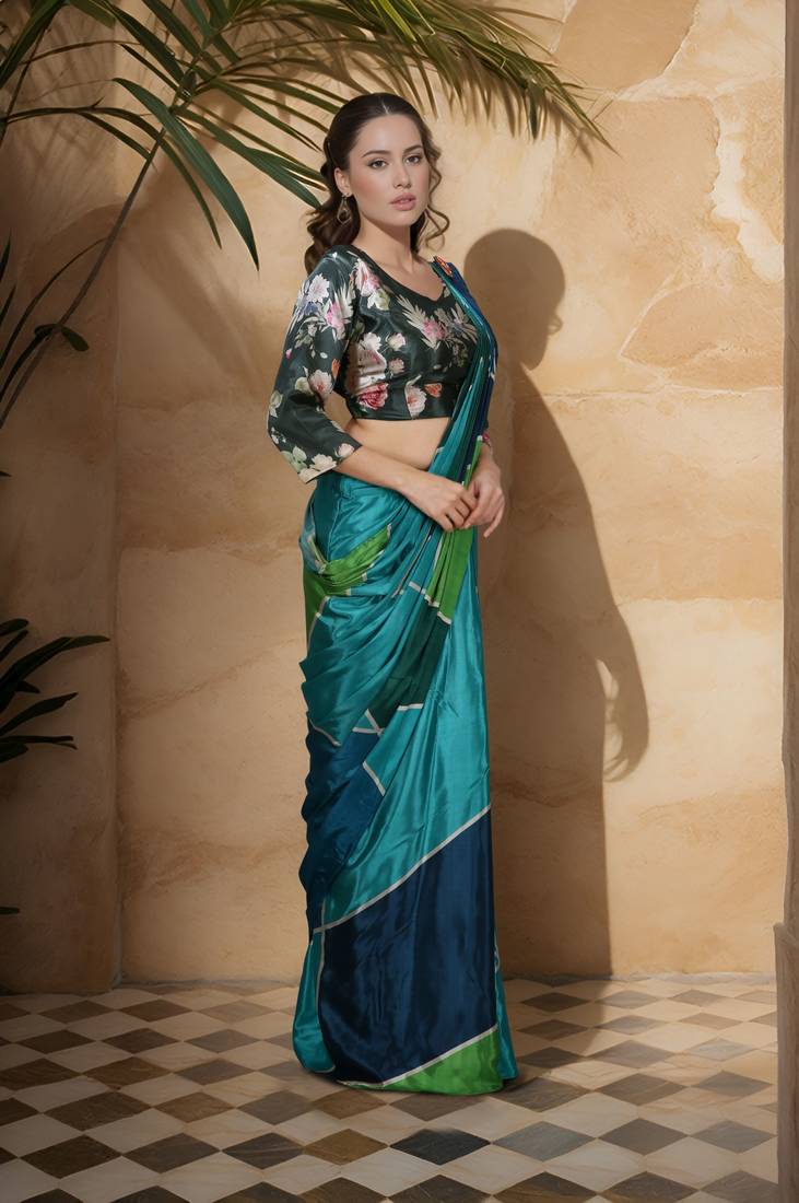 Green  crepe digital rtw saree with pocket and stitched blouse