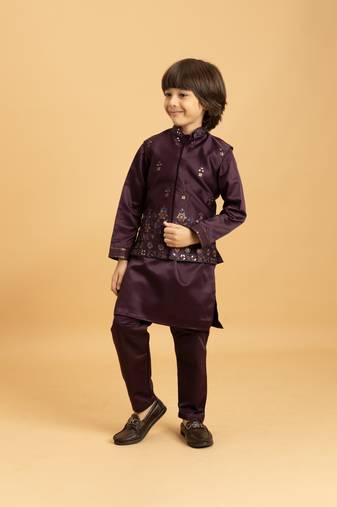 purple satin boys kurta pajama set with thread embroidered jacket