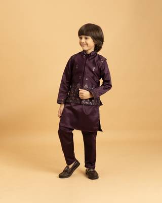 purple satin boys kurta pajama set with thread embroidered jacket 1