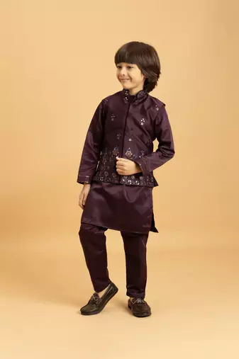 Purple satin thead with sequins embroidered work wedding function festival party boys straight kurta pant koti
