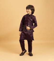 purple satin boys kurta pajama set with thread embroidered jacket