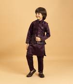 purple satin boys kurta pajama set with thread embroidered jacket