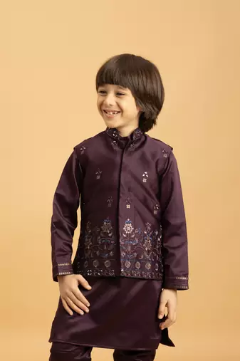 purple satin boys kurta pajama set with thread embroidered jacket