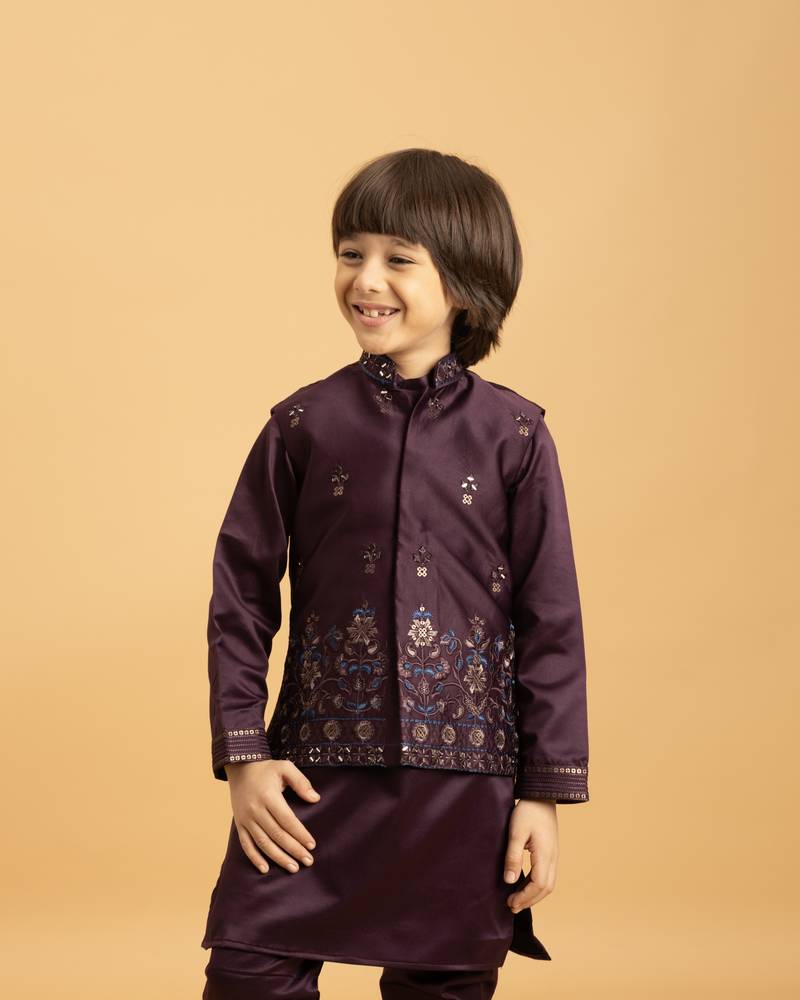 purple satin boys kurta pajama set with thread embroidered jacket