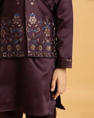 purple satin boys kurta pajama set with thread embroidered jacket 3