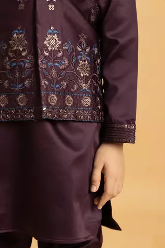 purple satin boys kurta pajama set with thread embroidered jacket