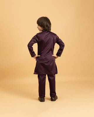 purple satin boys kurta pajama set with thread embroidered jacket 4