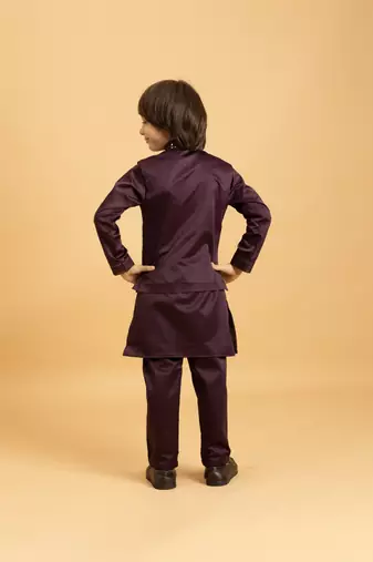 purple satin boys kurta pajama set with thread embroidered jacket