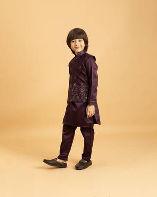 purple satin boys kurta pajama set with thread embroidered jacket 5