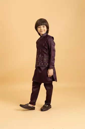 purple satin boys kurta pajama set with thread embroidered jacket