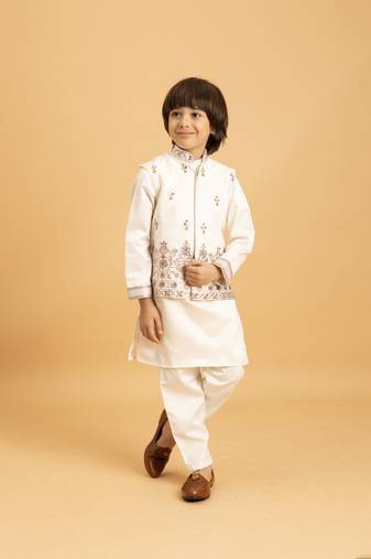 white satin boys kurta pajama set with thread embroidered jacket