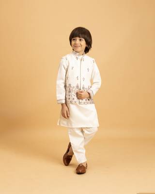 white satin boys kurta pajama set with thread embroidered jacket 1