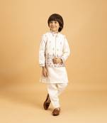 White satin thead with sequins embroidered work wedding function festival party boys straight kurta pant koti