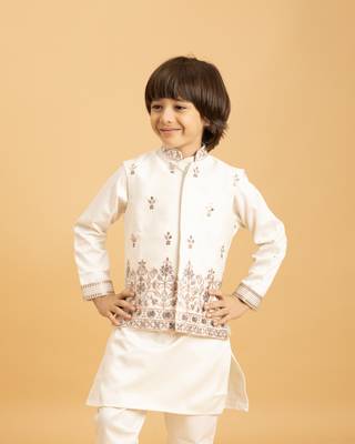 white satin boys kurta pajama set with thread embroidered jacket 2