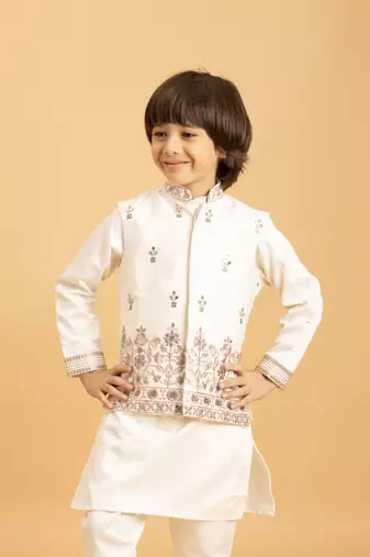 white satin boys kurta pajama set with thread embroidered jacket