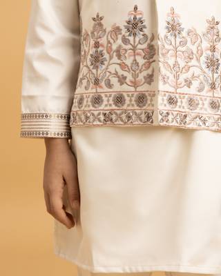 white satin boys kurta pajama set with thread embroidered jacket 3