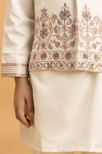 white satin boys kurta pajama set with thread embroidered jacket