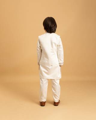white satin boys kurta pajama set with thread embroidered jacket 4
